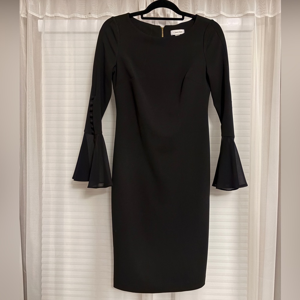 Calvin Klein Black Long-Sleeve Sheath Dress with Flared Cuffs